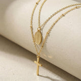 Layered Cross & Miraculous Virgin Necklace