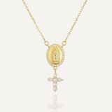 2025 New Arrival Gold Color Virgin Mary Cross Pendant Necklace For Women Shiny AAA CZ Zircon Copper Jewelry
