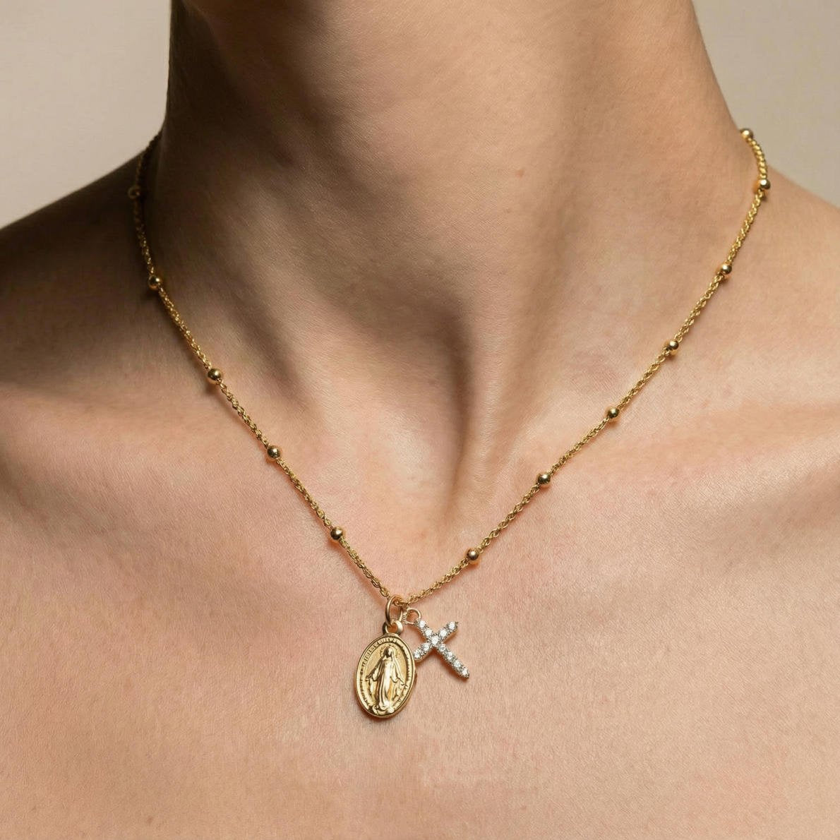 Miraculous Virgin & Zircon Cross Necklace