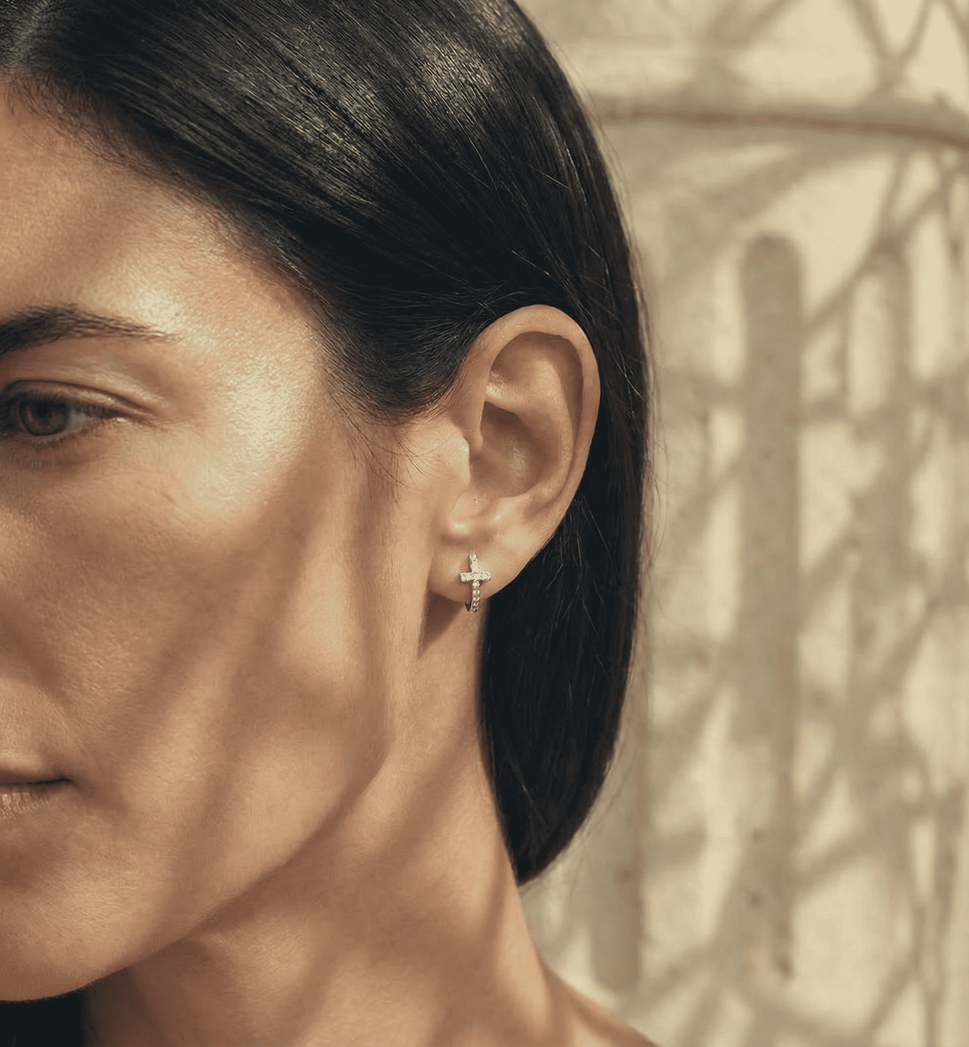Silver Cross Hoop Earrings with Zircons