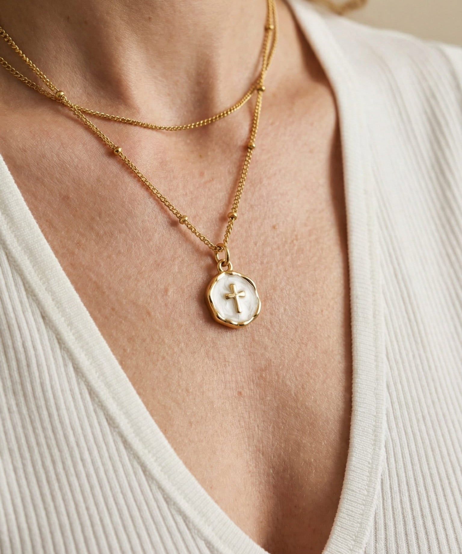 White Enamel Cross Medal Necklace