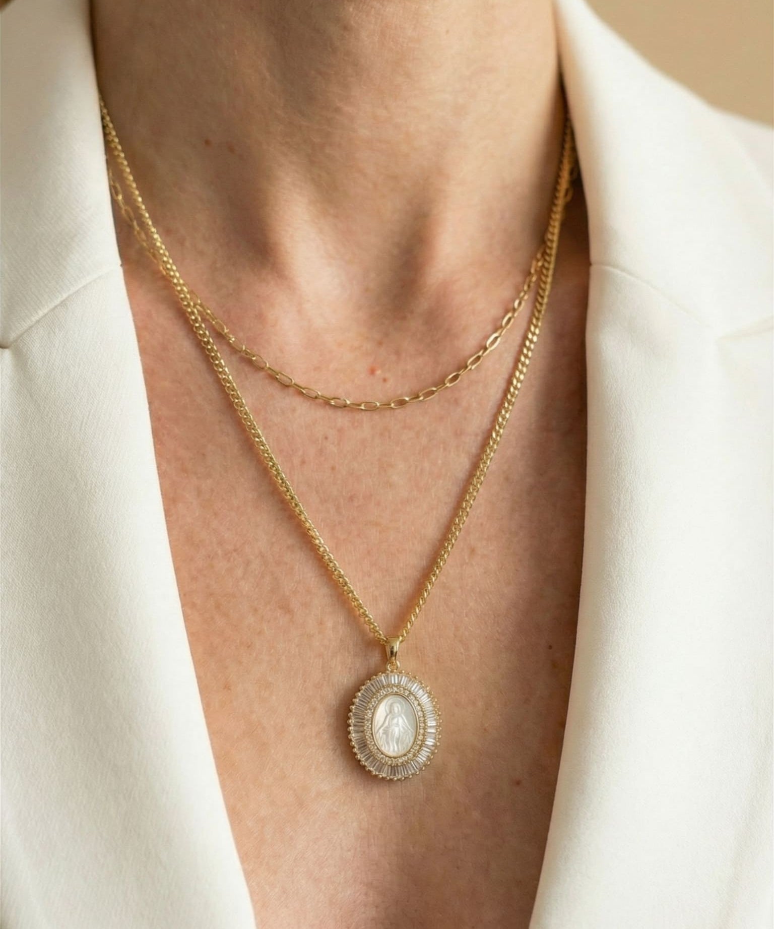 Virgin Mary Mother-of-Pearl Medal Necklace