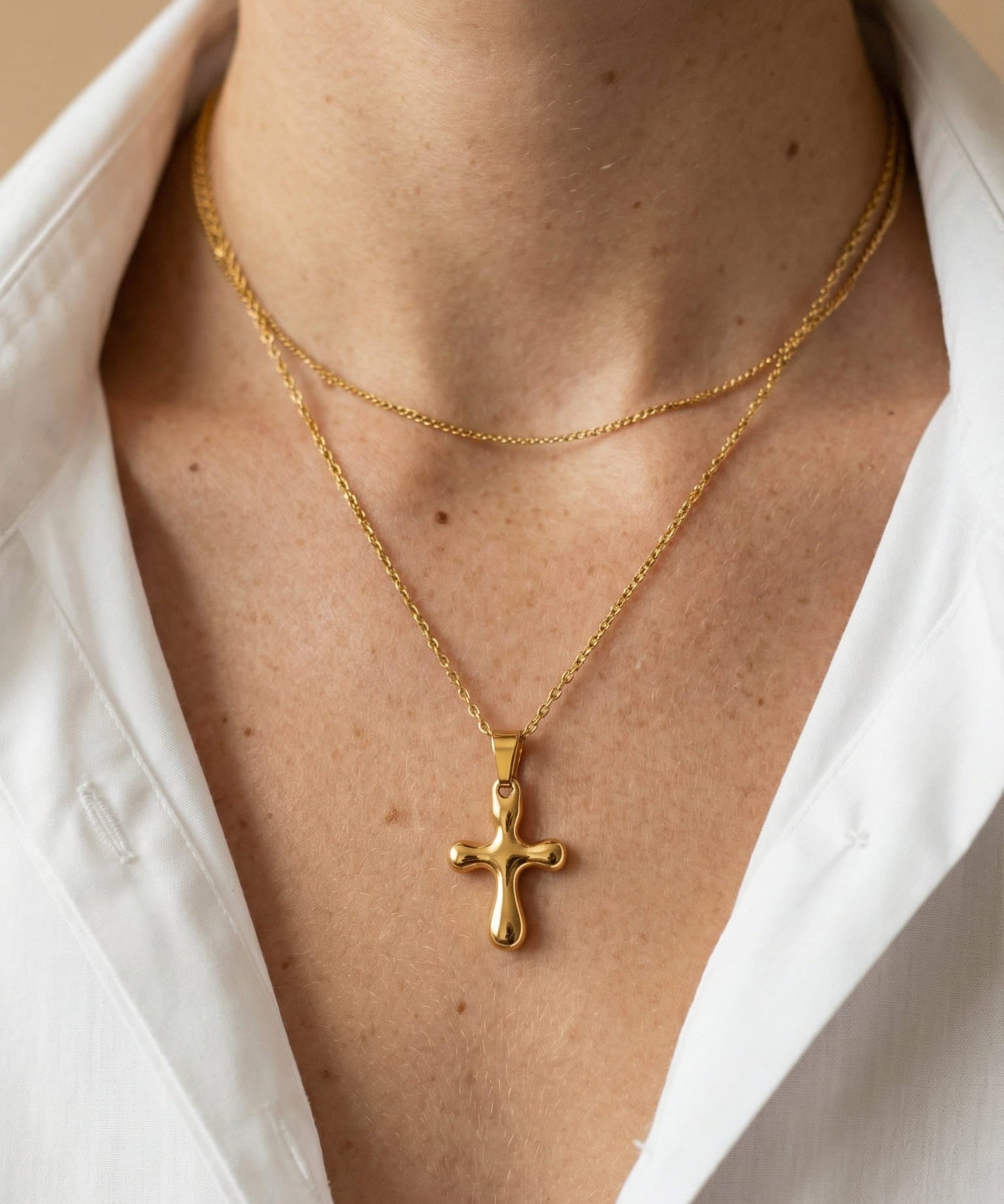 Gold Cross Necklace with Rounded Curves