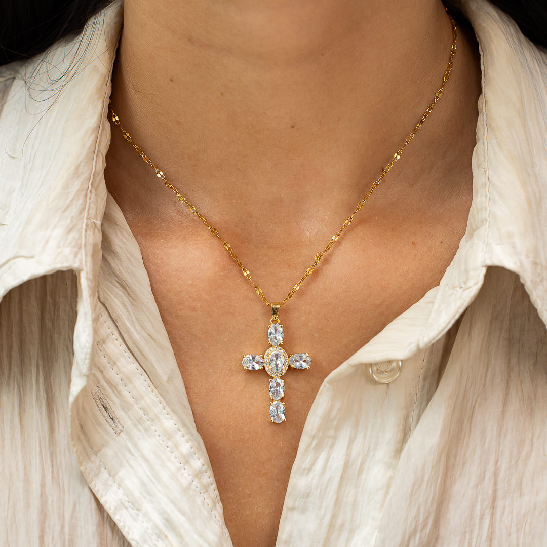 Religious Cross Necklace with Zirconiums