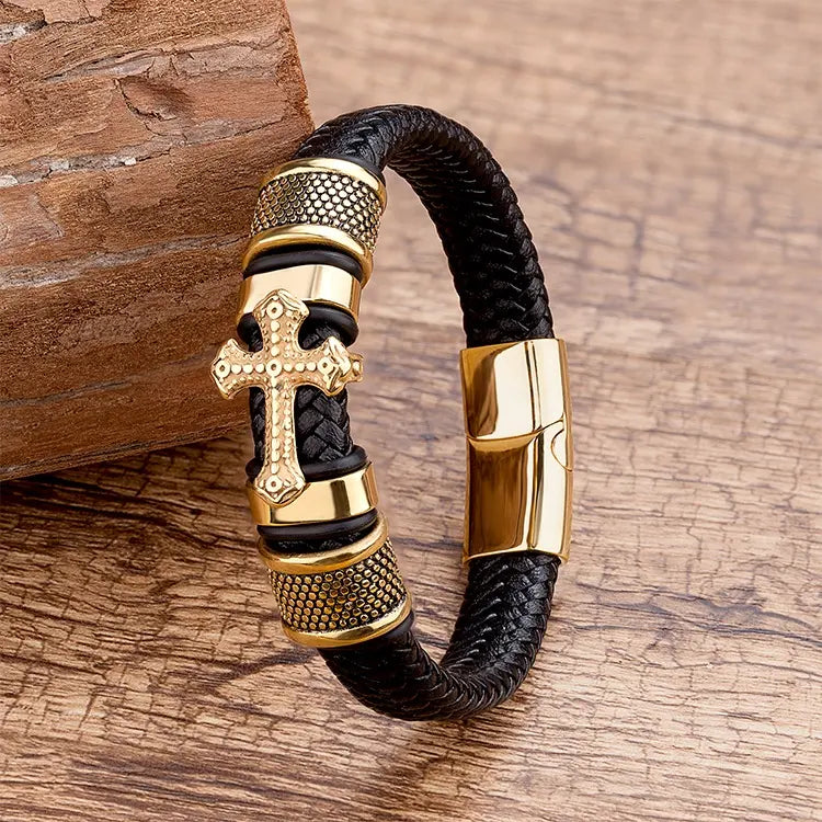 Men’s Gold Cross Leather Bracelet