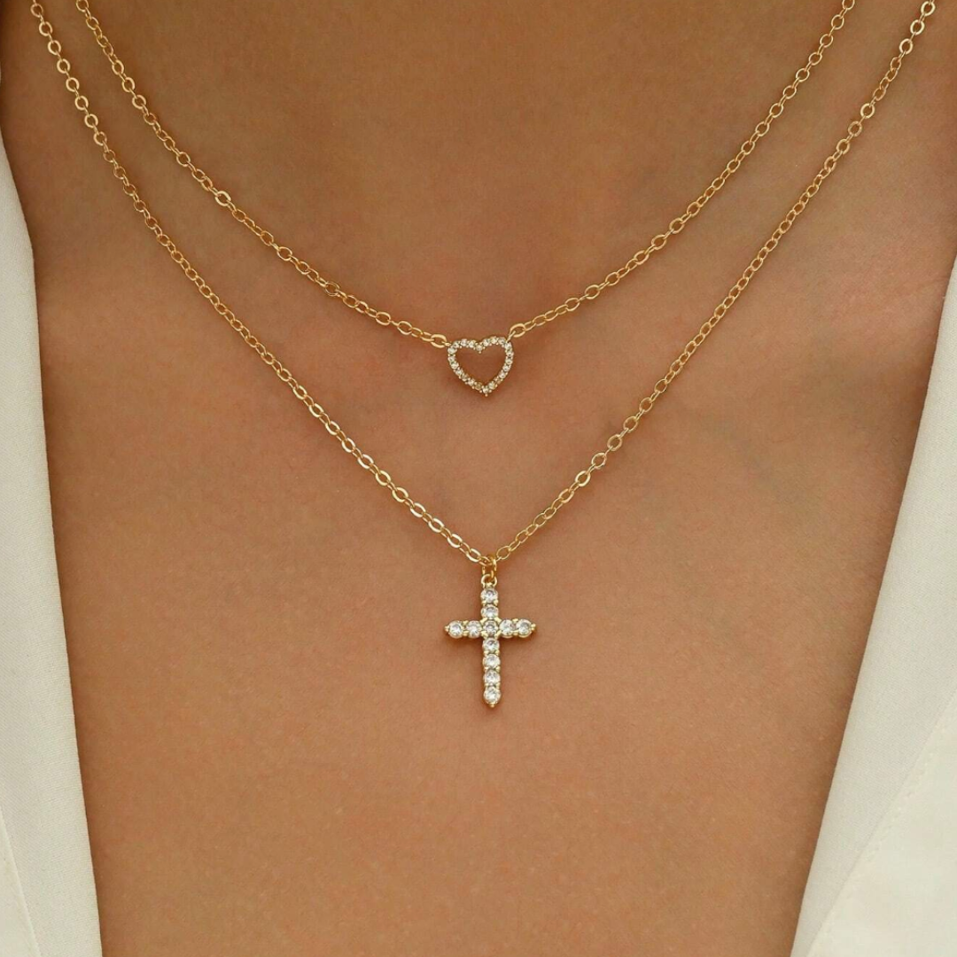 Gold Cross & Heart Crystal Necklace