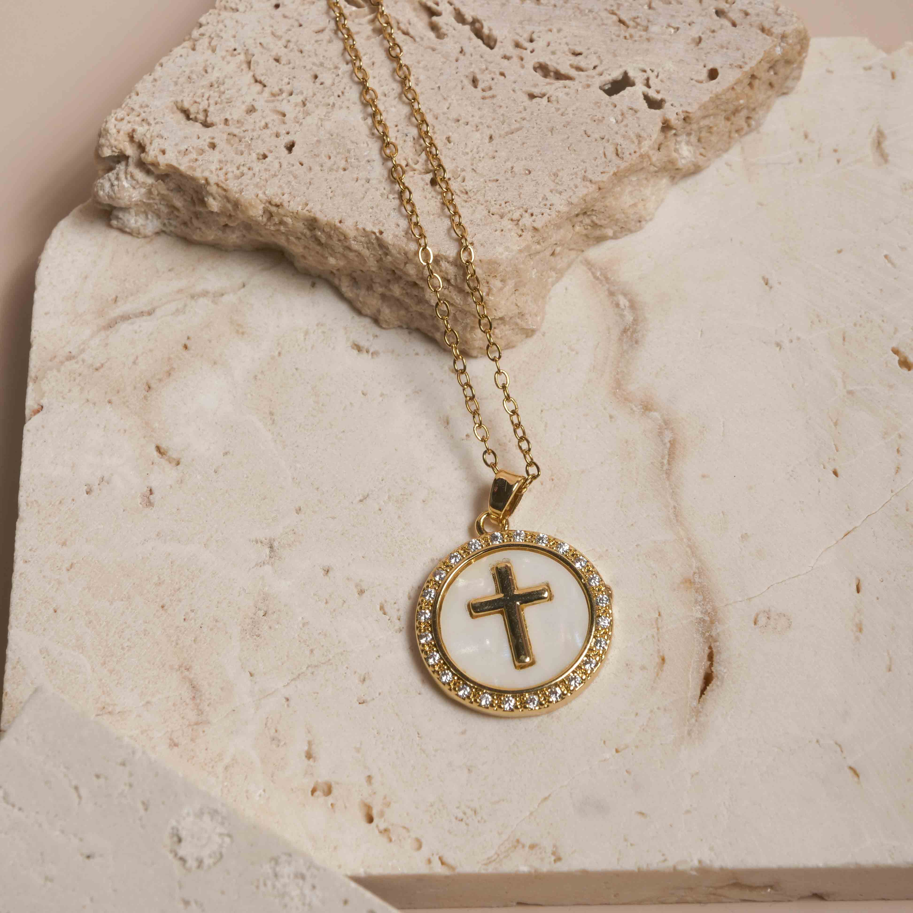 Golden Mother-of-Pearl Cross Necklace