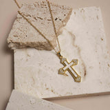 Gold Cross Necklace with Zircon Inlays