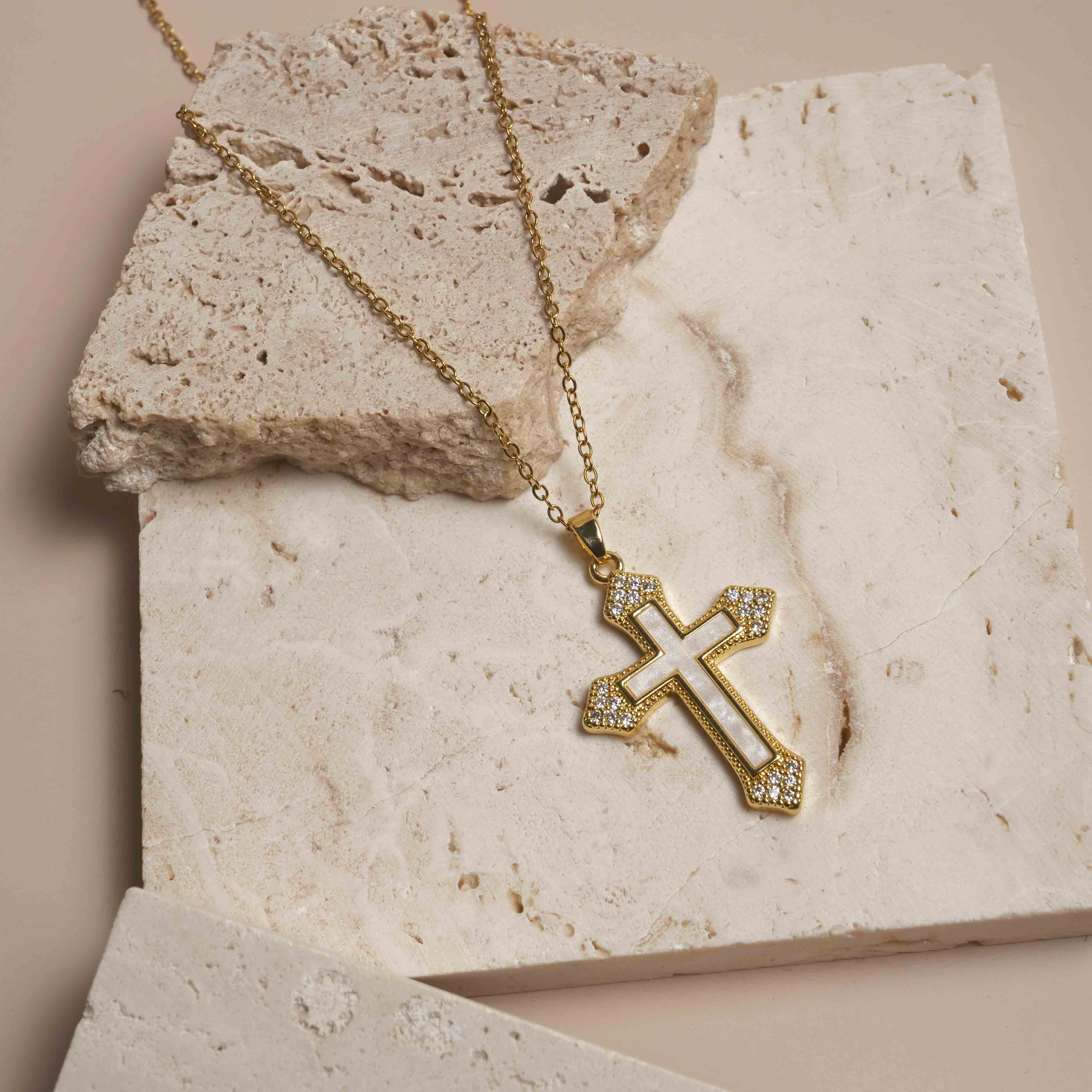 Gold Cross Necklace with Zircon Inlays