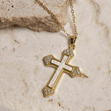 Gold Cross Necklace with Zircon Inlays