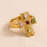 Gold Cross Ring with Multicolored Stones