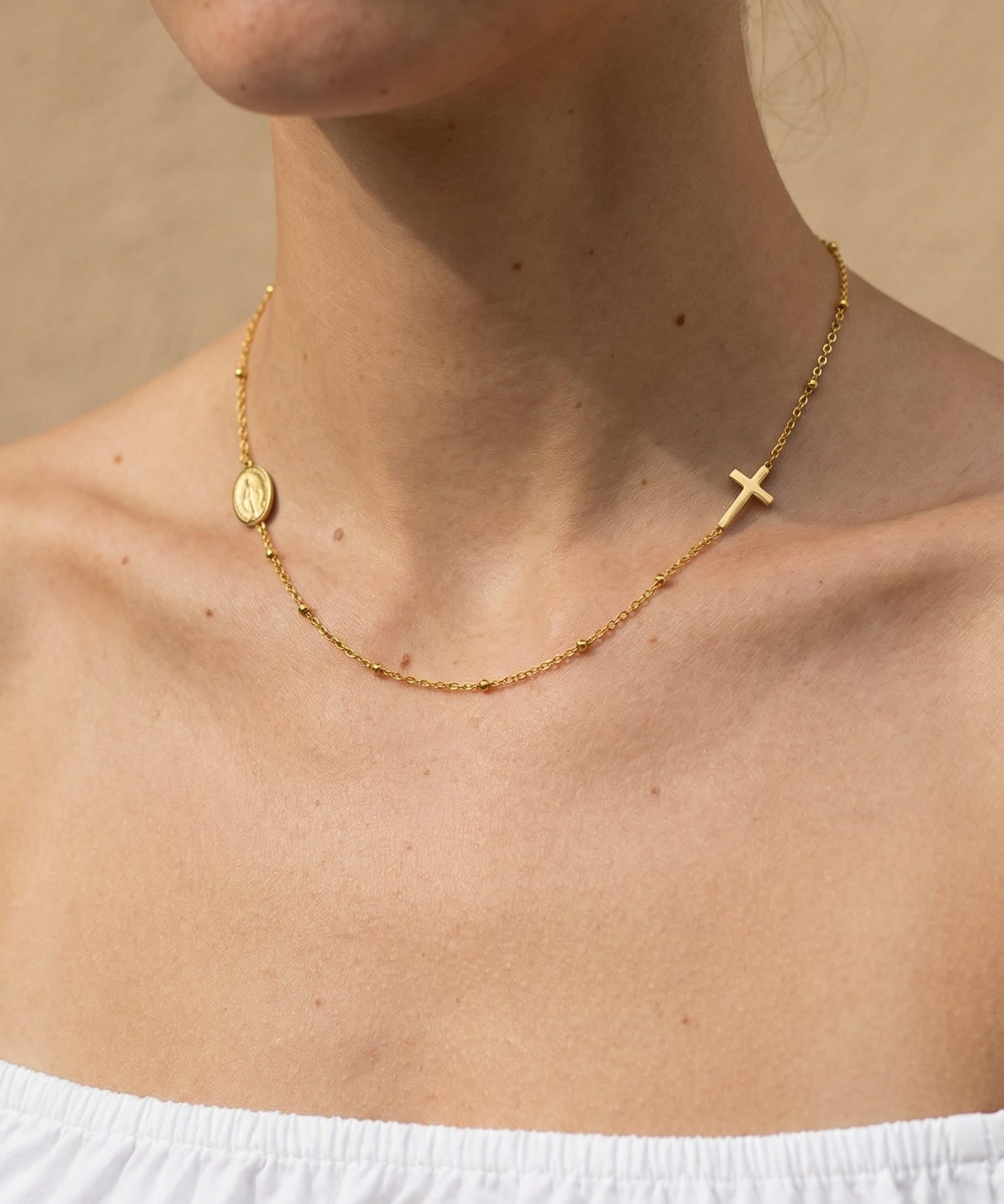 Gold Cross & Virgin Mary Medal Necklace