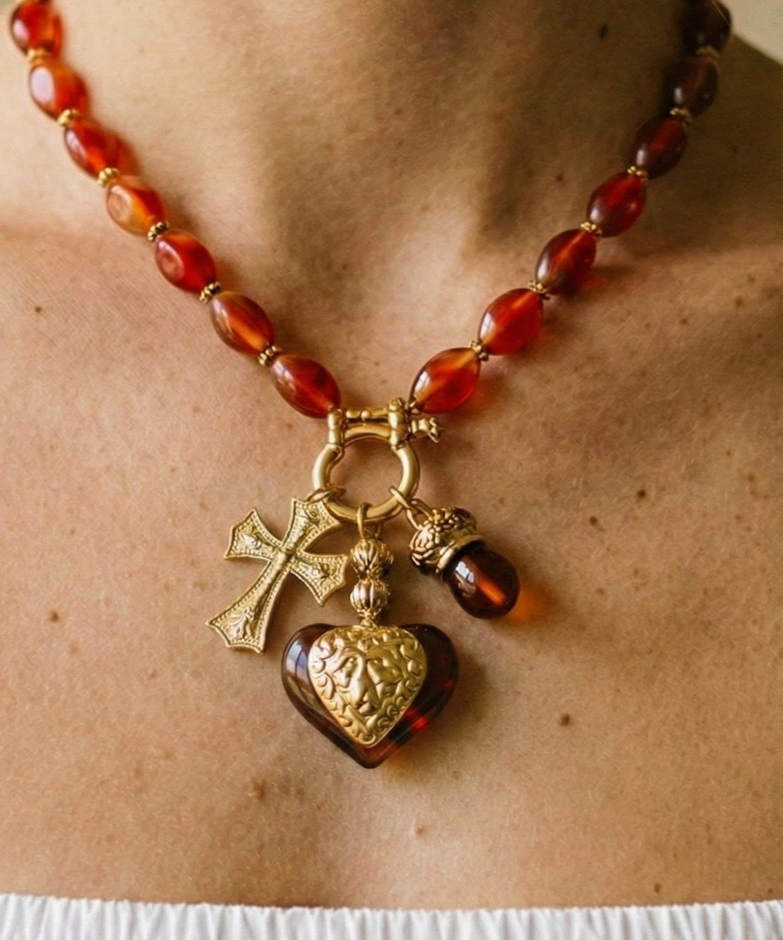 Translucent Red Cross & Heart Charm Necklace