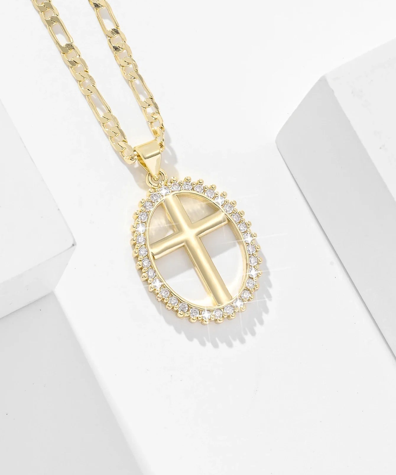 Oval Gold Crystal Cross Necklace