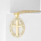 Oval Gold Crystal Cross Necklace