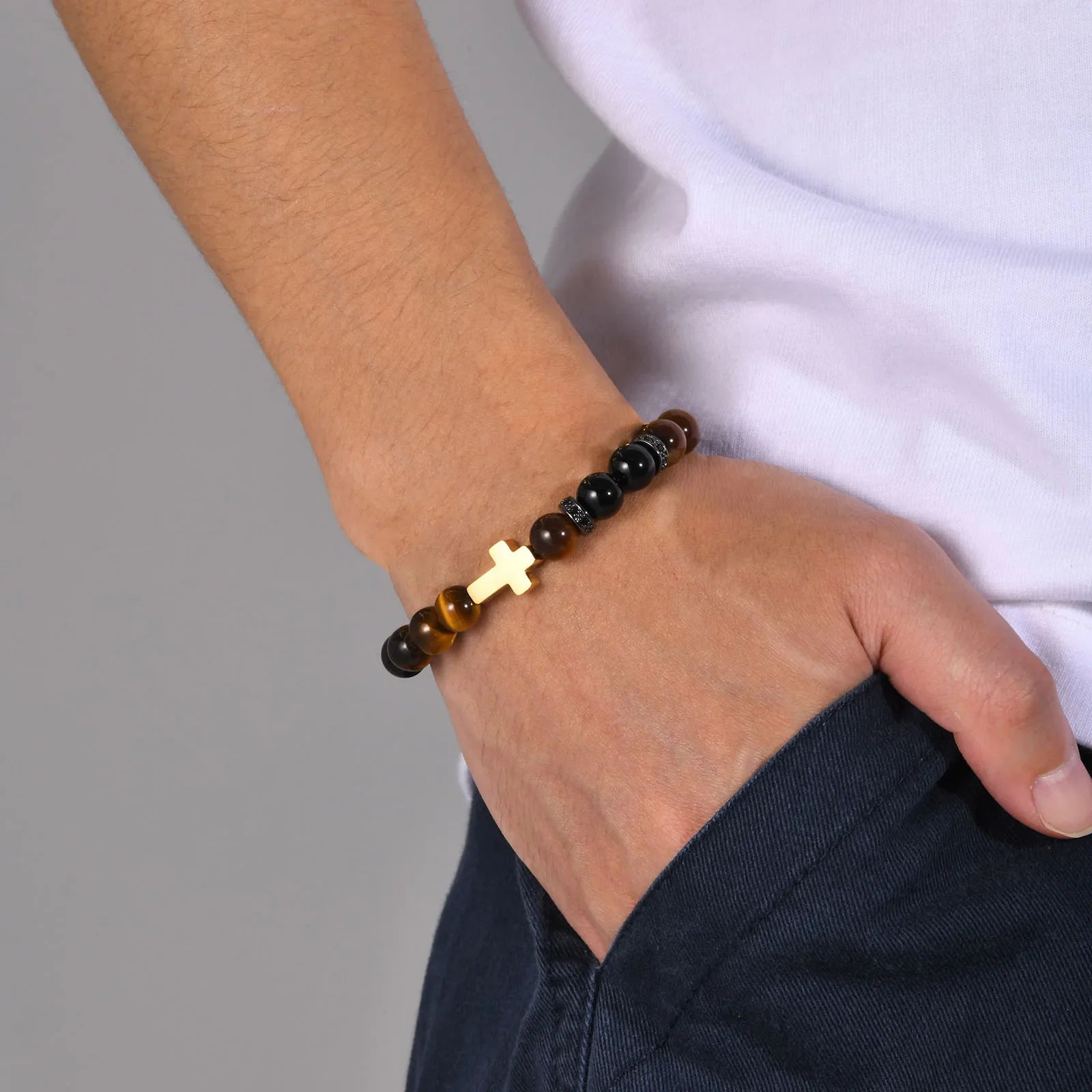 Tiger Eye and Gold Cross Bracelet