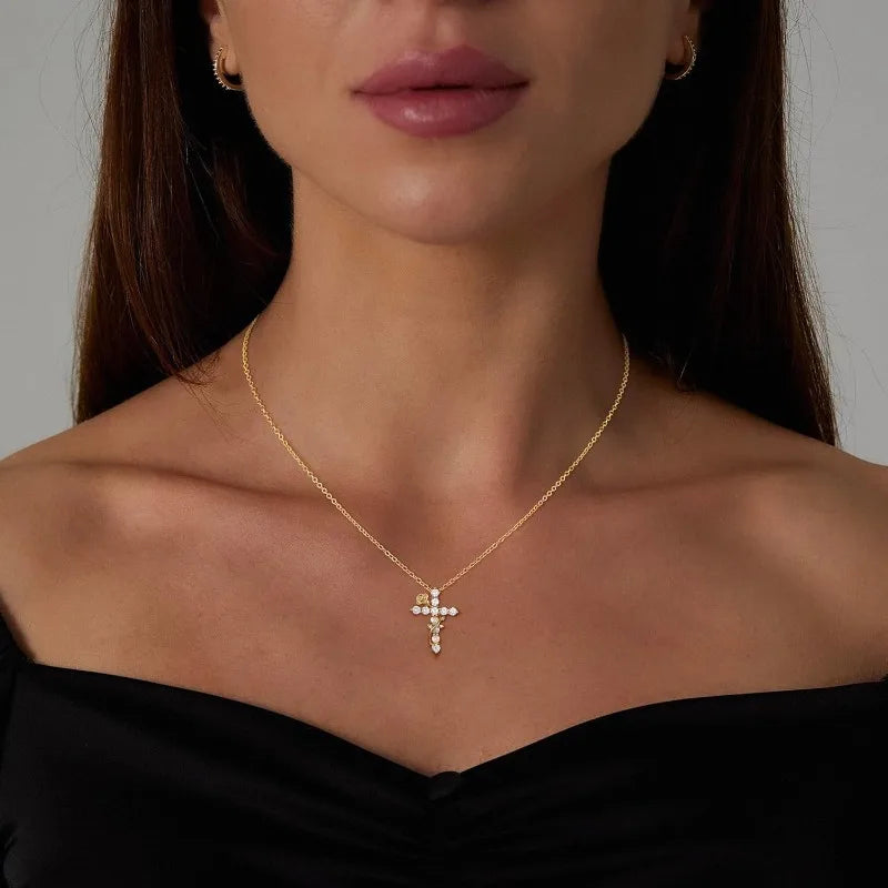 Cross Necklace for Women Teen Girls, Non Tarnish Waterproof Fashion 14K Gold Plated Zircon Rose Flower Cross Pendant Necklaces