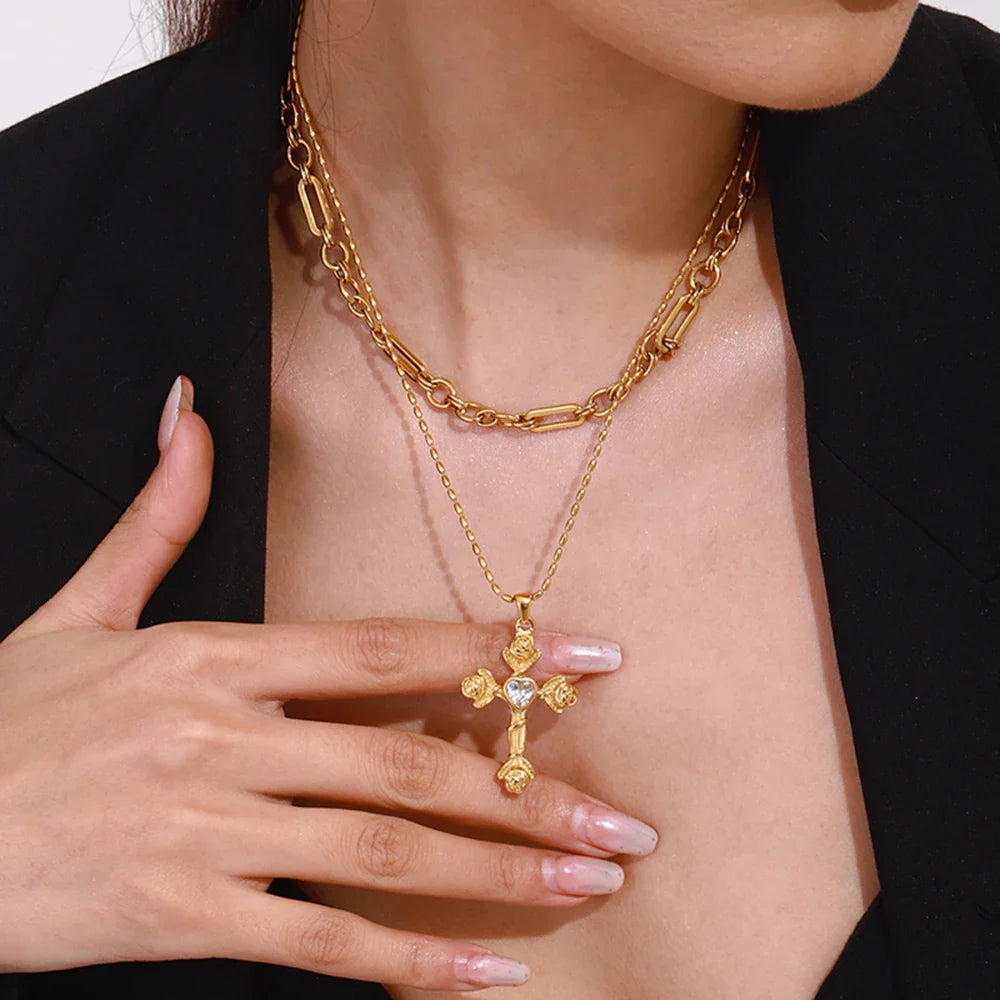 Rose and Heart Cross Necklace
