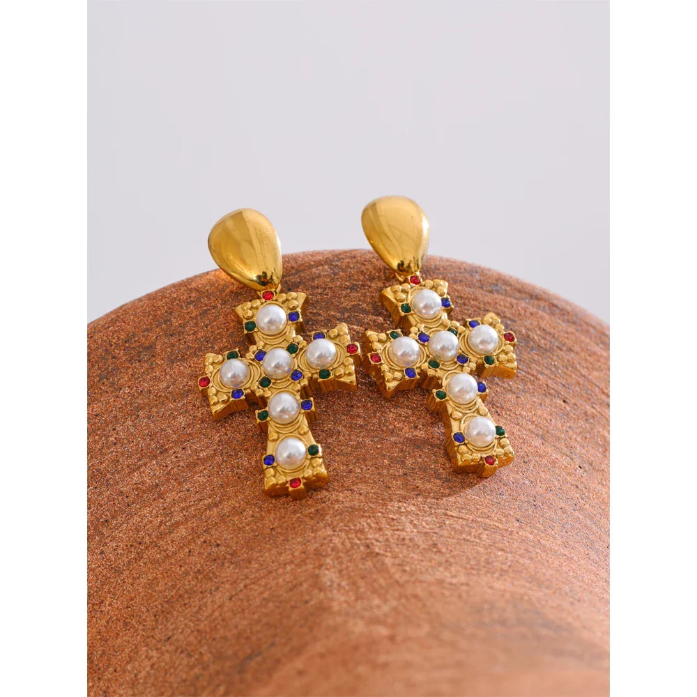 Imperial Pearl Cross Earrings