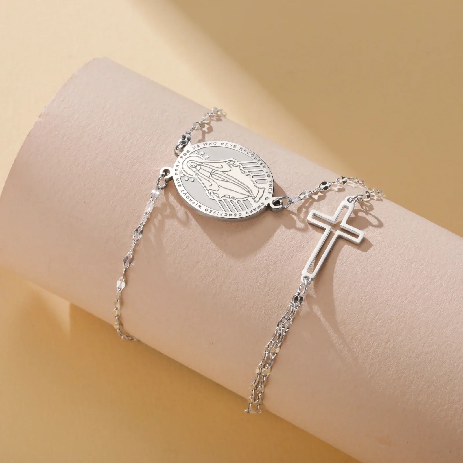 Sacred Duo Bracelet – Cross & Miraculous Virgin