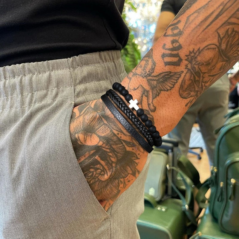 Black Leather Cross Bracelet