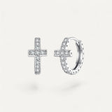 Silver Cross Hoop Earrings with Zircons