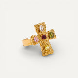 Gold Cross Ring with Multicolored Stones