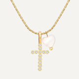 Zircon Cross & Pearl Heart Necklace
