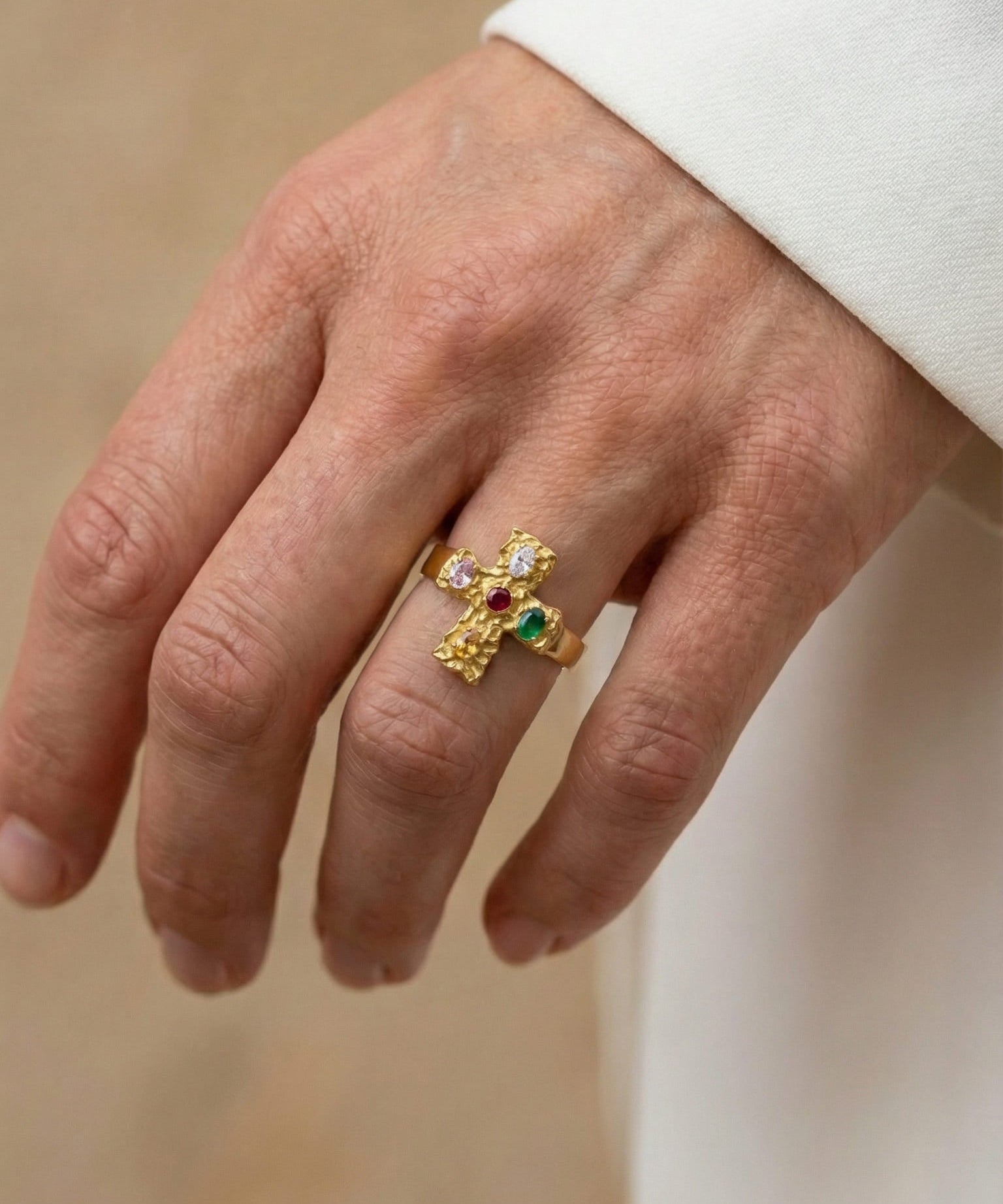 Gold Cross Ring with Multicolored Stones
