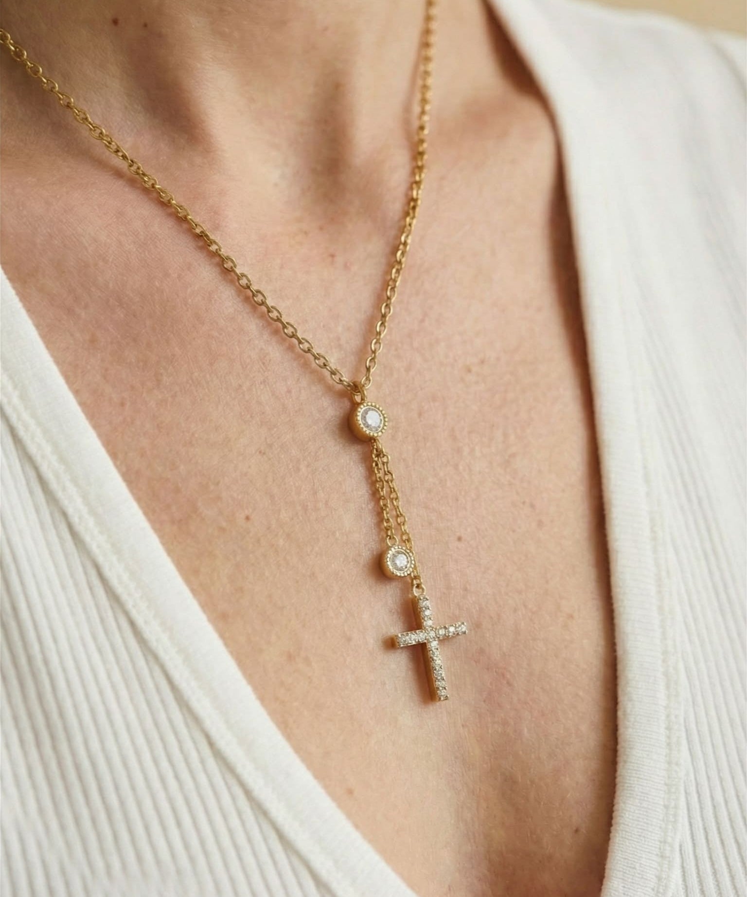 Adjustable Hanging Cross Necklace with Zircons